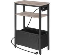 HOOBRO Table d’Appoint étroite, Table de Chevet avec Station de Charge et Rangement, Bout de Canapé avec Prise et Ports USB, pour Petit Espace, Chambre, Salon, Gris Patiné et Noir EBG125CBZ01