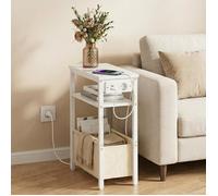 HOOBRO Table d’Appoint étroite, Table de Chevet avec Station de Charge et Rangement, Bout de Canapé avec Prise et Ports USB, Blanc