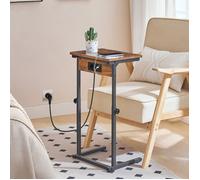 HOOBRO Table d’Appoint, Hauteur réglable, Bout de Canapé avec Station de Charge, Table d’Appoint en Forme de C, Table Basse, Marron