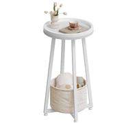 HOOBRO Table d’Appoint Ronde à 2 Niveaux, Petit Bout de Canapé avec Panier en Tissu, Table à Café avec barrière et Corbeille Beige, pour Petits espaces, Salon, Chambre, dortoir, Blanc EWW183BZ01