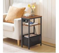 HOOBRO Table d’Appoint, Table de Chevet avec Station de Charge et Rangement, Bout de Canapé, Marron Rustique et Noir