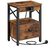 HOOBRO Table d'Appoint avec Station de Charge, Bout de Canapé avec Tiroirs, Ports USB et Prises de Courant, Table de Chevet pour Chambre, Marron Rustique, Noir EBF128CBZ01G1