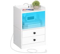 HOOBRO Table de Chevet avec Bande LED, Station de Charge, Table d’Appoint avec 2 Tiroirs, pour Chambre, Salon, Moderne, Blanc EWT28CDBZ01