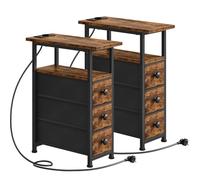 HOOBRO Table de Chevet avec Multiprise, Lot de 2, 1 Prise et 2 Ports USB, Table d’Appoint avec 3 Tiroirs, Bout de Canapé avec Rangement, Petit Espace, Salon, Marron Rustique et Noir EBF482CBZP201