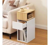 HOOBRO Table de Chevet, Table d’Appoint avec 1 Tiroir et 2 Compartiments Ouverts, Table de Canapé Étroite, pour Chambre, Salon, Blanc et Couleur Bois EWN196BZ01