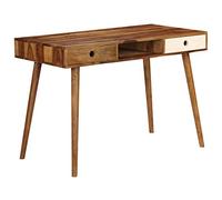 Hoopleep Bureau 110 x 55 x 76 cm en bois d'acacia massif, marron/blanc, avec 3 compartiments, poli et laqué, table robuste pour bureau, bureau ou bureau à domicile