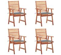 Hoopleep Lot de 4 chaises de salle à manger de jardin en bois d'acacia massif avec coussins gris imperméables pour extérieur, terrasse, balcon, salle à manger, design moderne à lattes