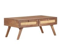 Hoopleep Table basse en bois de manguier pour salon, 100 x 60 x 40 cm, table centrale en bois massif avec 2 tiroirs, fabriquée à la main, accents de canne tissée naturelle, durable et résistante à