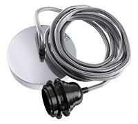 Hoopzi - Câble Suspension Luminaire Gris Métal - Fil Electrique en Tissu 2,5m - 1 x Ampoule Douille E27 - Pour Salon, Cuisine, Chambre - Modèle Hang 1