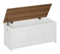 HOORBO Coffre de Rangement, Coffre avec charnière de sécurité, Banc de Rangement, Boîte à Jouets avec Couvercle Rabattable, Boite Polyvalente pour, Chambre, Salon, Blanc et Noyer EWH141CW01