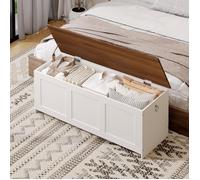 HOORBO Coffre de Rangement, Coffre avec charnière de sécurité, Banc de Rangement, Boîte à Jouets, Blanc et Noyer