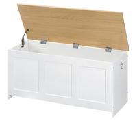 HOORBO Coffre de Rangement, Coffre avec charnière de sécurité, Banc de Rangement, Coffre à Jouets avec Couvercle Rabattable, Boite Polyvalente pour Chambre, Blanc et Couleur Bois EWN141CW01G1