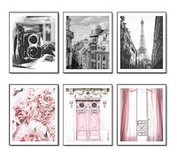 HoozGee Impression sur toile style vintage Paris noir et blanc - Tour Eiffel - Fleurs roses - Portes et fenêtres - Décoration murale pour bureau, chambre à coucher, salon (20,3 x 25,4 cm, sans cadre)