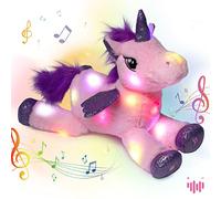Hopearl Licorne Musicale Peluche Lumineuse LED Qui Chante Volume Réglable, Veilleuse Animée Apaisante - Cadeau Anniversaire Fête pour Enfants Filles, Rose, 40,6 cm