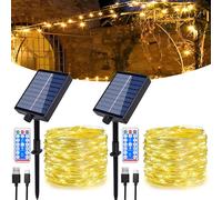 Hopelit Guirlande Lumineuse Extérieure Solaire, 2x30m 300 LEDs Fil de Cuivre Résistant aux Intempéries IP65, 8 Modes avec Télécommande, Jaune Chaud pour Jardin Balcon Terrasse Fête