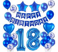 Hopewey Ballons Anniversaire Garçon Bleu - 25 Pièces - Set de Décoration pour Fête de 18 Ans Garçon - Ballons Latex Bleu, Transparent, Coeur, Étoiles, Confettis - Garçons-18 Ans