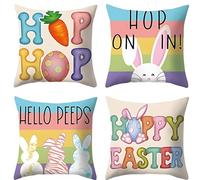 Hopomoon Lot de 4 housses de coussin de Pâques 45 x 45 cm - Motif lapin mignon et œufs de Pâques houblonnés - Pour canapé, décoration saisonnière