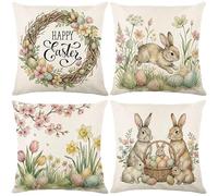 Hopomoon Lot de 4 housses de coussin décoratives en lin rustique pour le printemps de Pâques - Lapin aquarelle et couronne florale - Décoration de Pâques pour maison, canapé, sofa, 45,7 x 45,7 cm