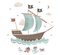 Hoppla Sticker Mural Géant Le Bateau Pirate - 90x80 cm | 90x80 cm, Chambre Enfant, Aquarelle XL, Garçon & Salle de Jeu, Repositionnable