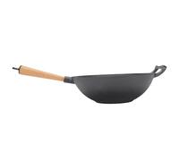 Horett Poêle Wok en Fonte 11,8 Pouces avec Poignée en Bois | Poêle à Frire Non Revêtue, Fond Plat pour Cuisinière à Induction, Cuisinière électrique en Céramique, Cuisinière à Gaz, Feu