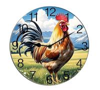 Horienteeon Horloge murale en bois de coq - Motif poule - Silencieuse - Sans tic-tac - Pour salle de bain, chambre à coucher, salon, cuisine - Rond - 25,4 cm