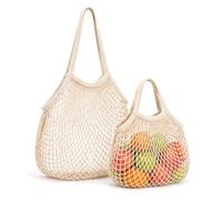 Horktrust Sacs Filet Réutilisables Lot de 2, Sacs à Provisions en Maille Coton-Polyester Beige, Grand Sac Anses Longues et Petit Sac Anses Courtes, Pliable pour Fruits Légumes Pain Plage