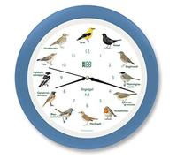 Horloge coucou avec oiseaux, 34 cm, bleu ciel, 12 chants d'oiseaux, mécanisme d'horlogerie à quartz radio-controlé