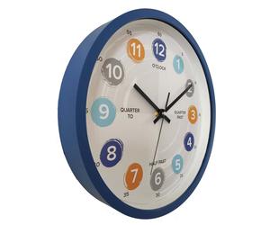 Horloge d'apprentissage, horloge murale analogique, horloge de cuisine pour enfants, chiffres anglais, bleue, chiffres colorés, diamètre 30,5 cm