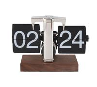 Horloge de bureau Flip, horloge mécanique automatique Flip 24 heures avec socle en bois, acier inoxydable, horloge de bureau numérique rétro vintage pour le bureau à domicile