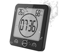 Horloge de Salle de Bain, Horloge de Douche Contrôle Tactile étanche, Alarme Numérique LCD, Thermomètre Hygromètre, Minuterie de Compte à Rebours, Alimenté par Pile, pour Maquillage Cuisine (Noir)