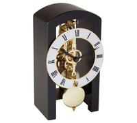 Horloge de table, mécanique, mouvement apparent, réserve de marche de 14 jours, en bois, noire, dimensions : 18x19x11 cm