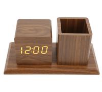 Horloge décorative en bois avec support pour stylos LED, montre de bureau silencieuse avec mouvement à quartz