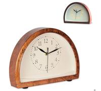 FISHTEC - Horloge Lumineuse à Poser Effet Bois - Horloge en Forme de Demi-Cercle - Bouton Soft Touch et Mouvement Silencieux -sans Tic Tac - Lumière LED Chaleureuse - Motif Bois - 26 CM