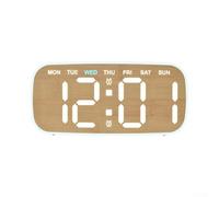 Horloge LED élégante en grain de bois avec deux réglages d'alarme, affichage complet du calendrier, jour et date, contrôle de la lumière ambiante pour une utilisation sur table de chevet (A)