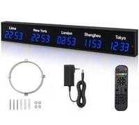 Horloge LED multifonction à fuseaux horaires multiples Blue-5City | Horloge murale pour 3,4,5,6 ou 7 villes,avec télécommande et réglage de la luminosité,pour les entreprises multinationales