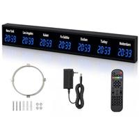Horloge LED multifonction à fuseaux horaires multiples Blue-7City | Horloge murale pour 3,4,5,6 ou 7 villes,avec télécommande et réglage de la luminosité,pour les entreprises multinationales