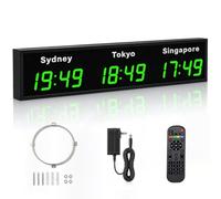 Horloge LED multifonction à fuseaux horaires multiples Green-3City | Horloge murale pour 3,4,5,6 ou 7 villes,avec télécommande et réglage de la luminosité,pour les entreprises multinationales
