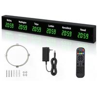 Horloge LED multifonction à fuseaux horaires multiples Green-6City | Horloge murale pour 3,4,5,6 ou 7 villes,avec télécommande et réglage de la luminosité,pour les entreprises multinationales