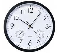 Horloge mural rond en quartz de 30 cm, sans tic-tac, résistant aux intempéries, avec thermomètre et hygromètre