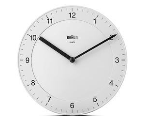 Horloge murale analogique classique Braun avec mouvement à quartz silencieux, facile à lire, diamètre de 20 cm, en blanc, modèle BC06W.