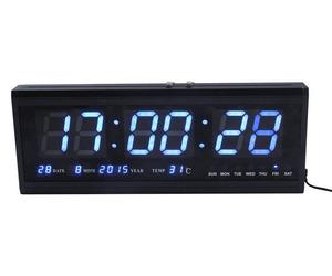 Horloge murale avec calendrier, indicateur de température, chiffres grands, de couleur bleue, dimensions : 48 x 5 x 18,5 cm