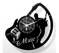 Horloge murale avec motif de guitare, diamètre 30 cm, forme ronde, couleur noire, fonctionnement silencieux