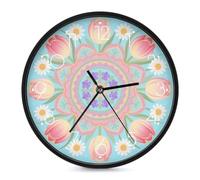Horloge murale bohème avec fleur mandala 25,4 cm silencieuse sans tic-tac | Horloge murale ronde à piles, cadran en verre trempé, horloge décorative moderne pour la maison, la salle à manger