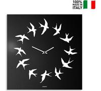 Horloge murale carrée 50 x 50 cm, design moderne, motif « Hirondelles » floqué - Noir