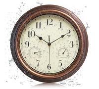 Horloge murale de jardin en plein air, étanche, vintage, avec thermomètre et humidité, 30,5 cm, sans tic-tac, résistante aux intempéries, pour patio, piscine, véranda, jardin, salle de bain, cuivre