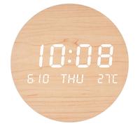 Horloge murale en bois numérique, de forme ronde, avec affichage de la température, de la date et du jour de la semaine, en format 12/24 heures
