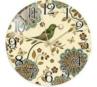 Horloge murale en forme d'oiseau, nature vintage, fleur, feuille, printemps, horloge murale verte avec aiguille des secondes pour salon, chambre à coucher, cuisine, décoration 39 x 29 cm