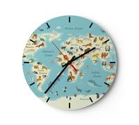 Horloge murale en verre 30x30cm Silencieuse Animaux Le Monde Carte Wall Clock
