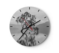 Horloge murale en verre 30x30cm Silencieuse Arbre Symétrie Lac Wall Clock