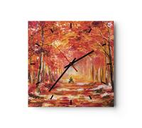 Horloge murale en verre 30x30cm Silencieuse Automne Forêt Rouge Wall Clock